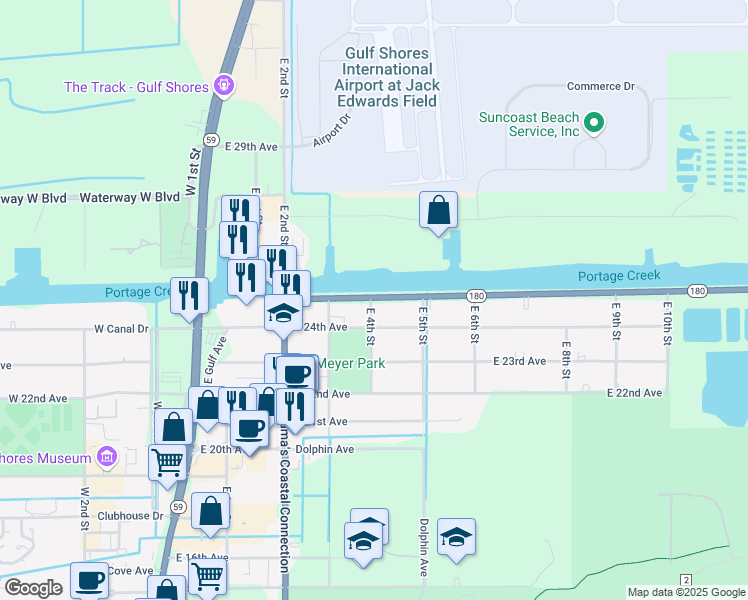 map of restaurants, bars, coffee shops, grocery stores, and more near 531 East Canal Drive in Gulf Shores