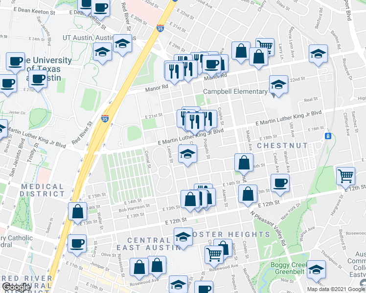 map of restaurants, bars, coffee shops, grocery stores, and more near 1805 Salina Street in Austin