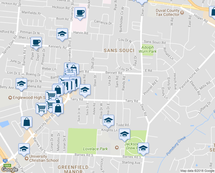 map of restaurants, bars, coffee shops, grocery stores, and more near 2504 Una Drive in Jacksonville