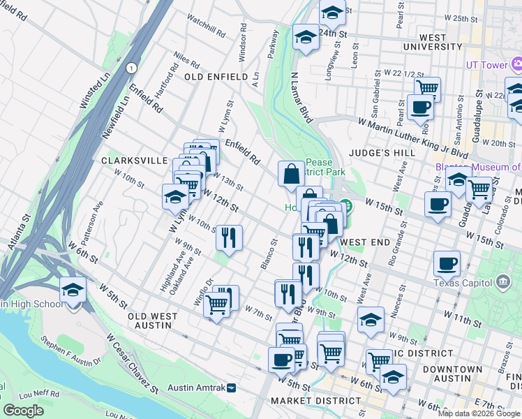 map of restaurants, bars, coffee shops, grocery stores, and more near 1206 Shelley Avenue in Austin