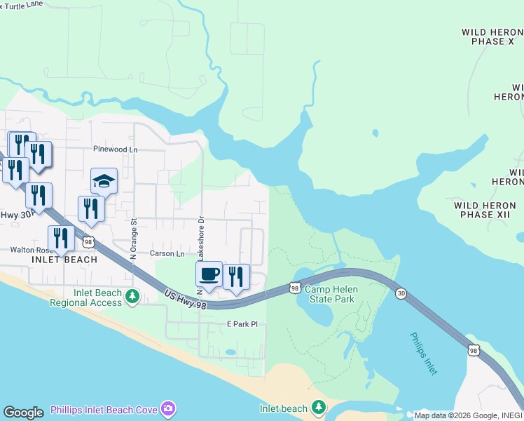 map of restaurants, bars, coffee shops, grocery stores, and more near 144 Grande Point Drive West in Panama City Beach