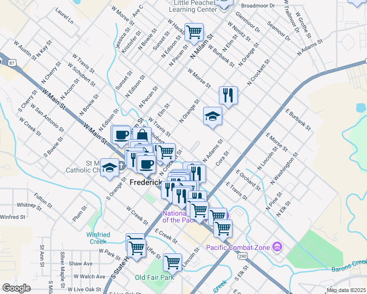 map of restaurants, bars, coffee shops, grocery stores, and more near 198 West Travis Street in Fredericksburg