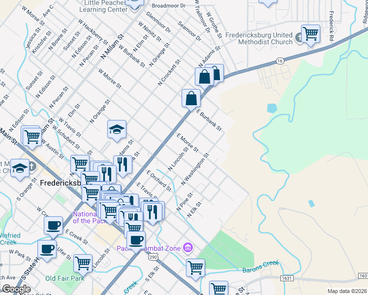 map of restaurants, bars, coffee shops, grocery stores, and more near 706 N Lincoln St in Fredericksburg