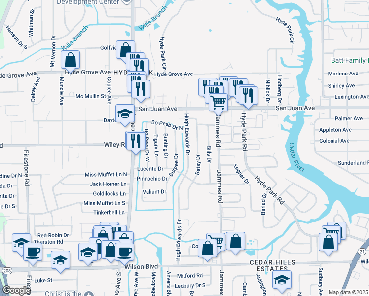 map of restaurants, bars, coffee shops, grocery stores, and more near 2117 Burpee Drive in Jacksonville