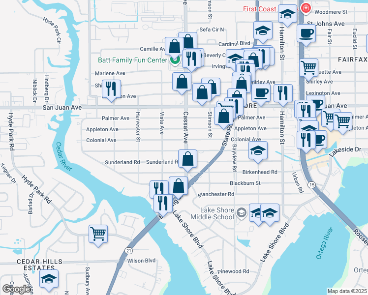 map of restaurants, bars, coffee shops, grocery stores, and more near 2166 Cassat Avenue in Jacksonville