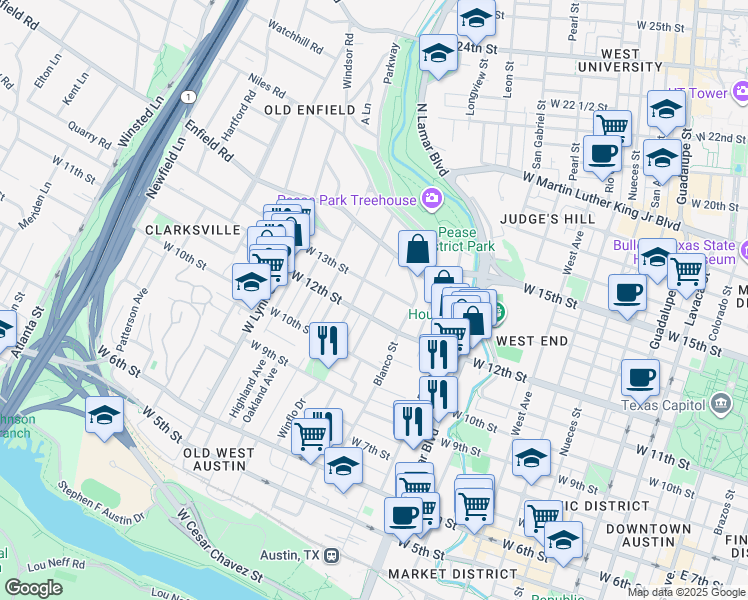 map of restaurants, bars, coffee shops, grocery stores, and more near 1206 Shelley Avenue in Austin