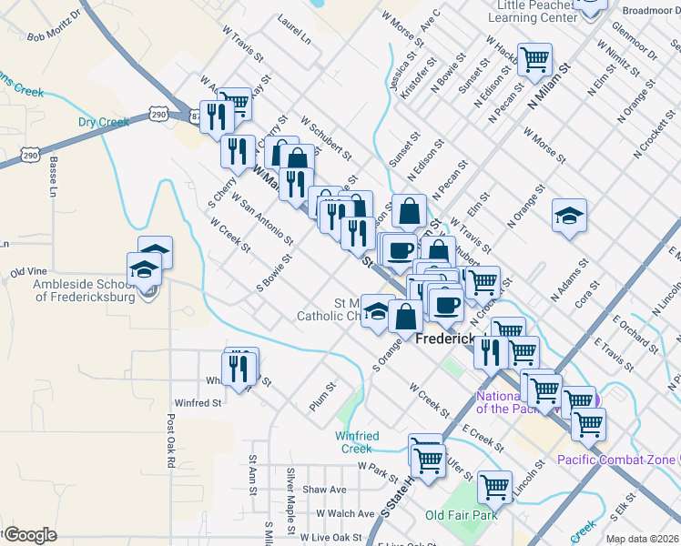 map of restaurants, bars, coffee shops, grocery stores, and more near 109 South Edison Street in Fredericksburg