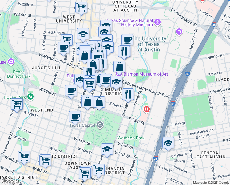 map of restaurants, bars, coffee shops, grocery stores, and more near 1701 Congress Avenue in Austin