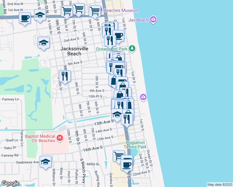 map of restaurants, bars, coffee shops, grocery stores, and more near 920 3rd Street South in Jacksonville Beach