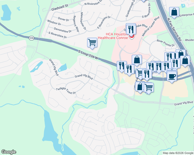 map of restaurants, bars, coffee shops, grocery stores, and more near 307 Trillium Park Loop in Conroe