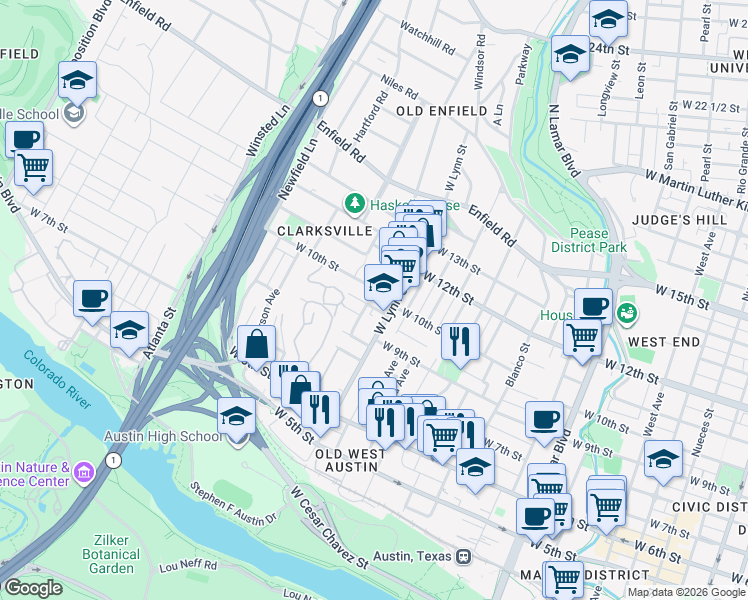map of restaurants, bars, coffee shops, grocery stores, and more near 1608 W 9th 1/2 St in Austin