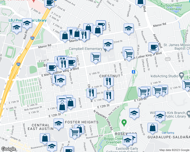 map of restaurants, bars, coffee shops, grocery stores, and more near 1707 Maple Avenue in Austin