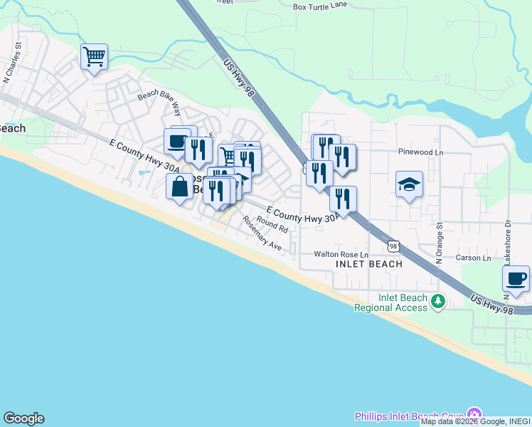 map of restaurants, bars, coffee shops, grocery stores, and more near 276 East Water Street in Rosemary Beach