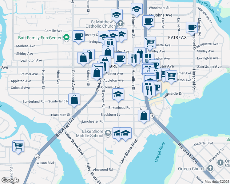 map of restaurants, bars, coffee shops, grocery stores, and more near 4615 Fremont Street in Jacksonville