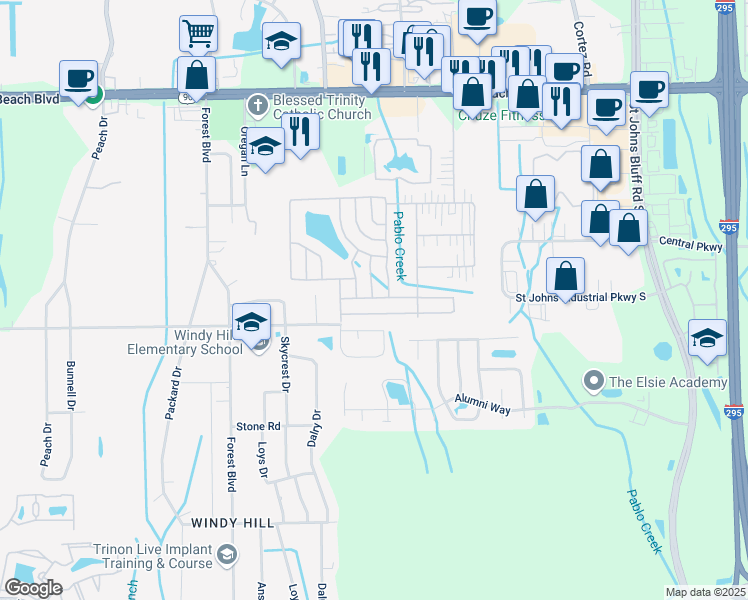 map of restaurants, bars, coffee shops, grocery stores, and more near 435 Cypresswood Drive in Jacksonville