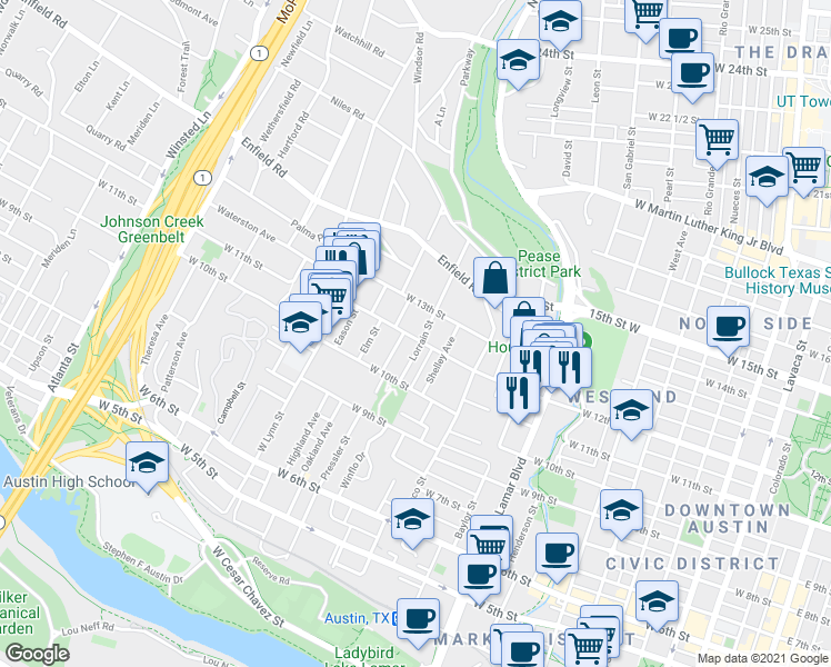 map of restaurants, bars, coffee shops, grocery stores, and more near 1200 Lorrain Street in Austin