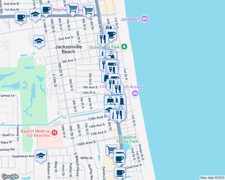 map of restaurants, bars, coffee shops, grocery stores, and more near 975 3rd Street South in Jacksonville Beach