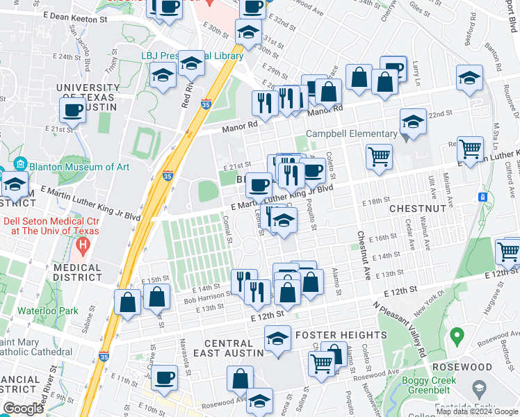 map of restaurants, bars, coffee shops, grocery stores, and more near 1701 East Martin Luther King Junior Boulevard in Austin
