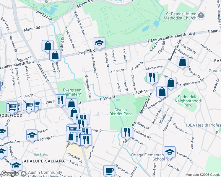 map of restaurants, bars, coffee shops, grocery stores, and more near 1214 Deloney Street in Austin