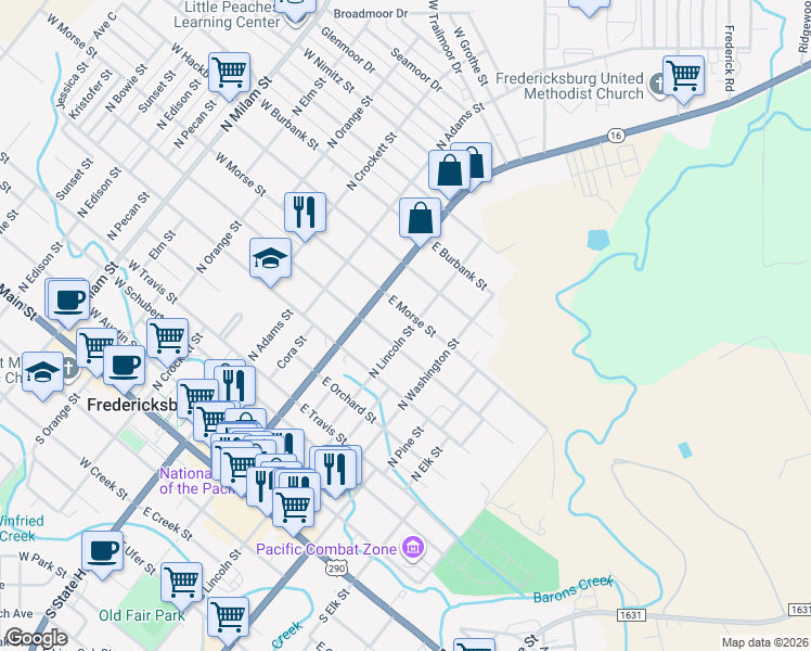 map of restaurants, bars, coffee shops, grocery stores, and more near 706 North Lincoln Street in Fredericksburg