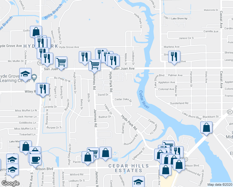 map of restaurants, bars, coffee shops, grocery stores, and more near 2113 Hyde Park Road in Jacksonville