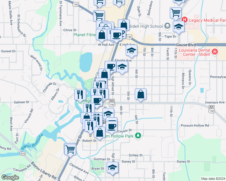 map of restaurants, bars, coffee shops, grocery stores, and more near 188 Teddy Avenue in Slidell