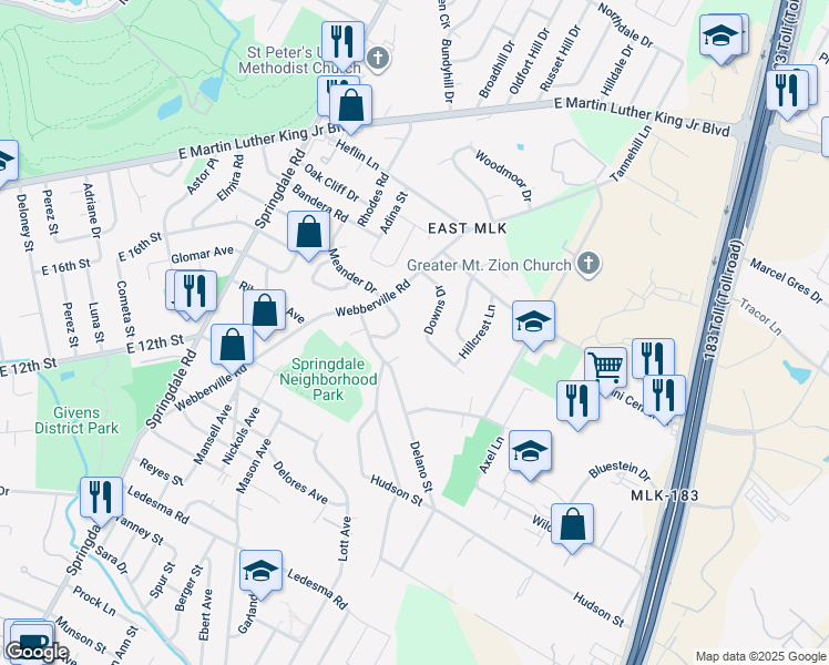 map of restaurants, bars, coffee shops, grocery stores, and more near 5321 Downs Drive in Austin