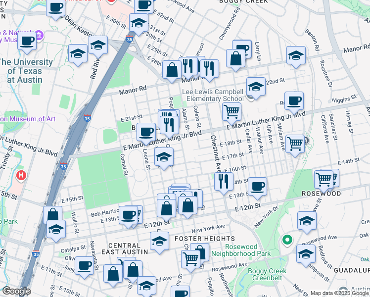 map of restaurants, bars, coffee shops, grocery stores, and more near 2000 East 18th Street in Austin