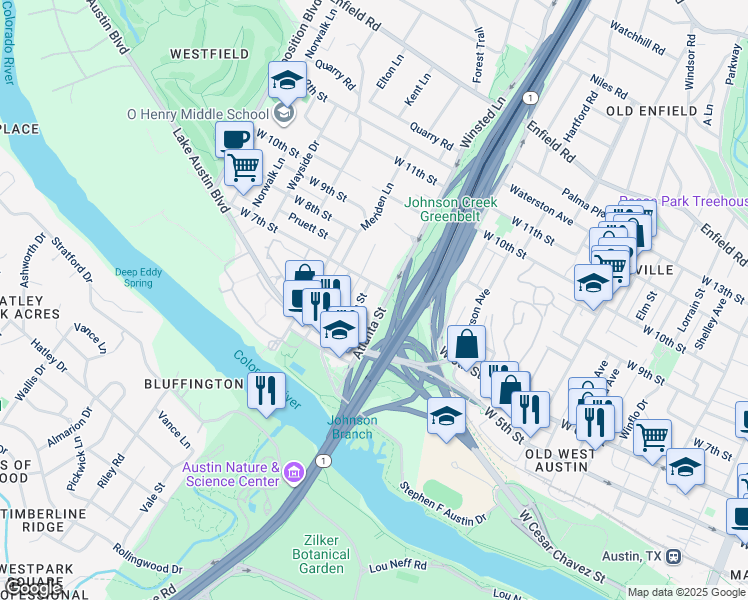map of restaurants, bars, coffee shops, grocery stores, and more near 609 Upson Street in Austin