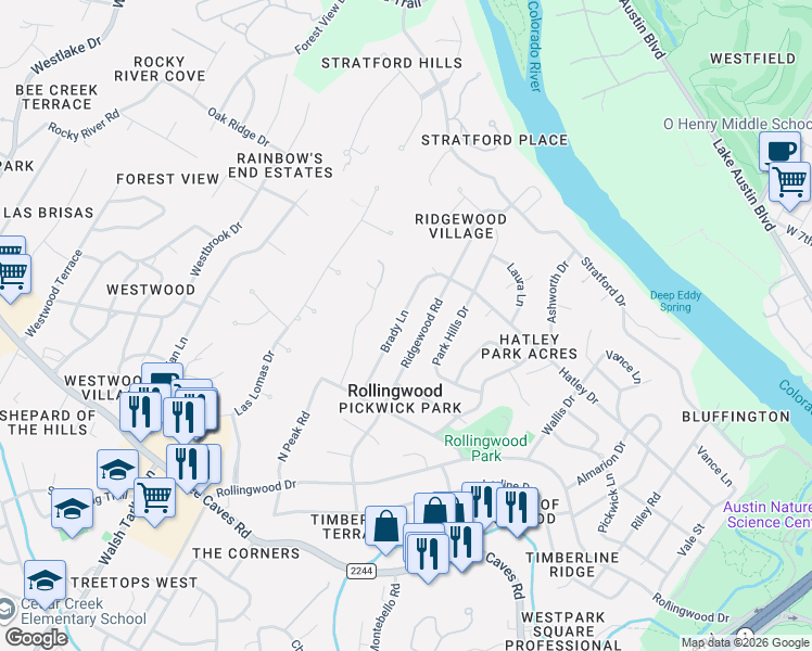 map of restaurants, bars, coffee shops, grocery stores, and more near 419 Brady Lane in West Lake Hills