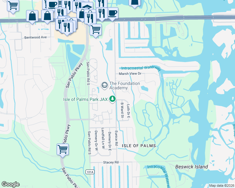 map of restaurants, bars, coffee shops, grocery stores, and more near 3671 Eunice Road in Jacksonville