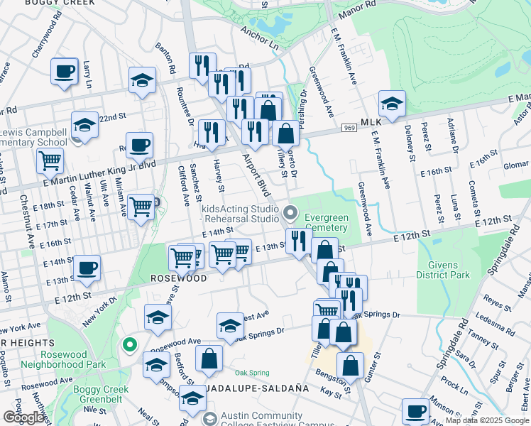 map of restaurants, bars, coffee shops, grocery stores, and more near 3102 E 14th 1/2 St in Austin