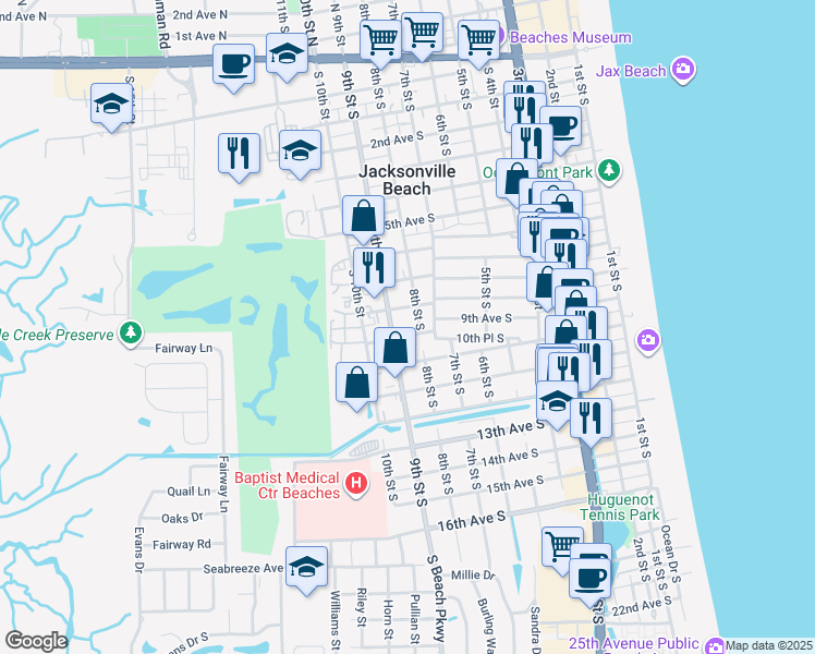 map of restaurants, bars, coffee shops, grocery stores, and more near 815 9th Avenue South in Jacksonville Beach