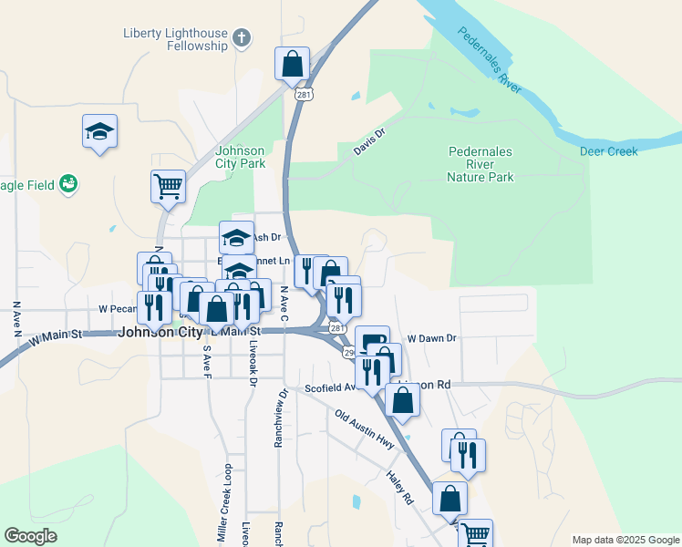 map of restaurants, bars, coffee shops, grocery stores, and more near 116 Crestview Drive in Johnson City