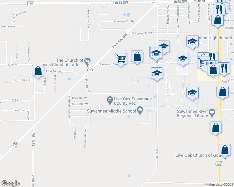 map of restaurants, bars, coffee shops, grocery stores, and more near Silas Drive Southwest in Live Oak