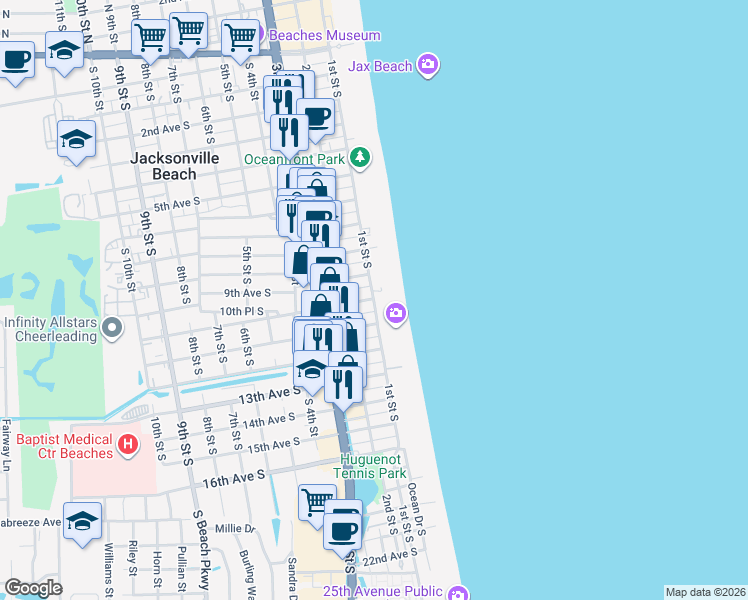 map of restaurants, bars, coffee shops, grocery stores, and more near 1031 Ocean Front South in Jacksonville Beach