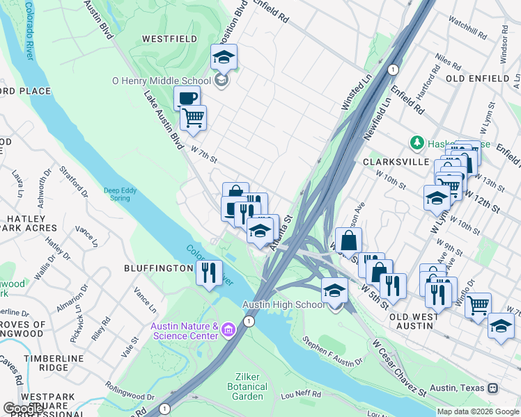 map of restaurants, bars, coffee shops, grocery stores, and more near 601 Deep Eddy Avenue in Austin