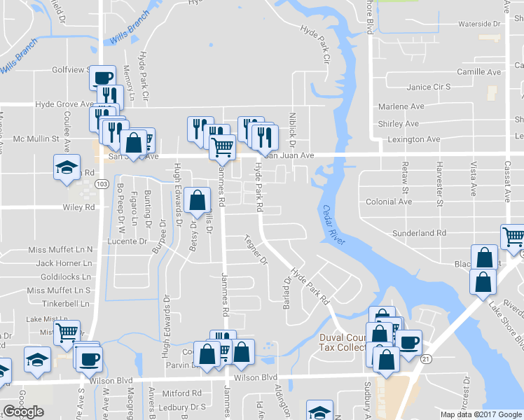 map of restaurants, bars, coffee shops, grocery stores, and more near 2113 Hyde Park Road in Jacksonville