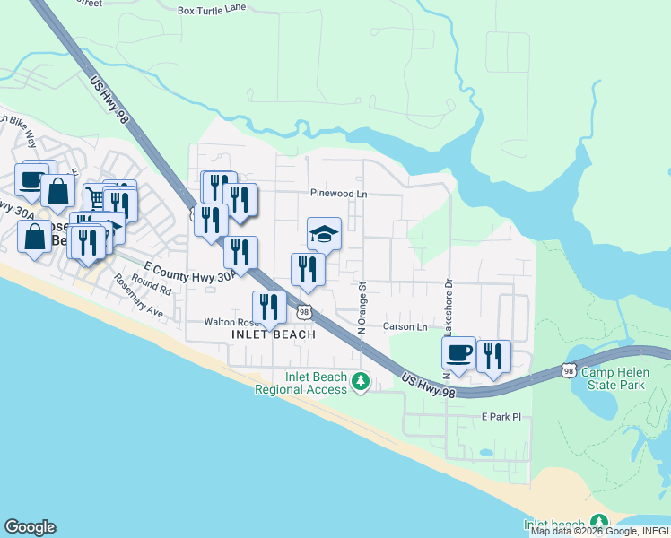 map of restaurants, bars, coffee shops, grocery stores, and more near in Rosemary Beach