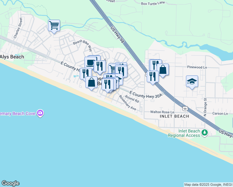map of restaurants, bars, coffee shops, grocery stores, and more near 55 Hope Town Lane in Panama City Beach