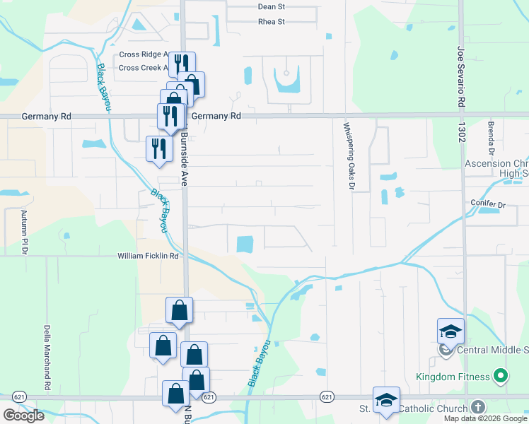 map of restaurants, bars, coffee shops, grocery stores, and more near 41153 Lee Drive in Gonzales