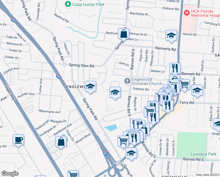 map of restaurants, bars, coffee shops, grocery stores, and more near 4525 South Bend Circle West in Jacksonville