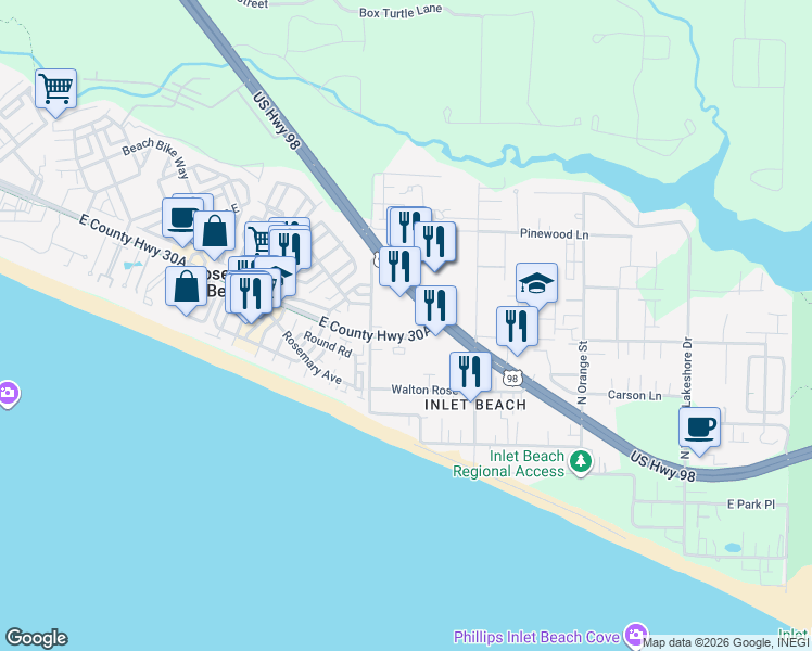 map of restaurants, bars, coffee shops, grocery stores, and more near 10941 East County Highway 30A in Rosemary Beach
