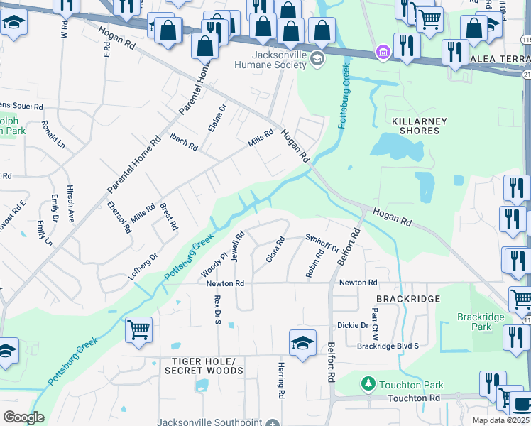 map of restaurants, bars, coffee shops, grocery stores, and more near 2614 Jewell Road in Jacksonville