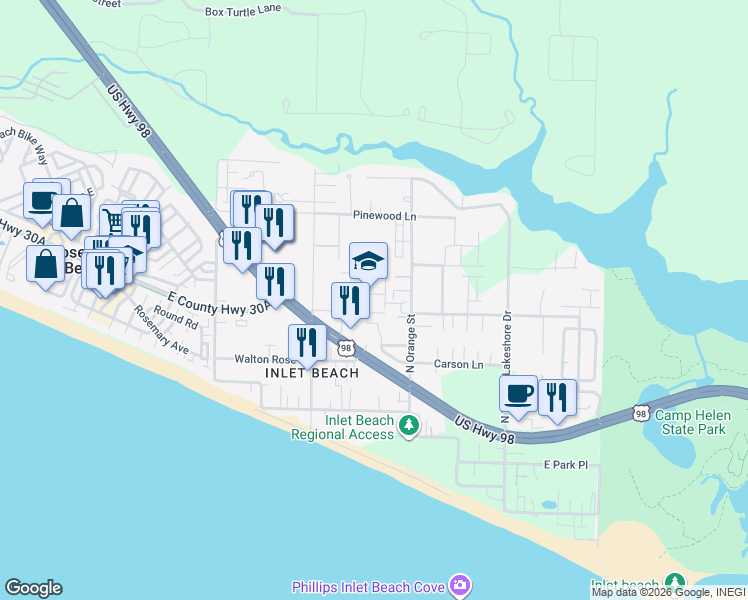 map of restaurants, bars, coffee shops, grocery stores, and more near in Rosemary Beach