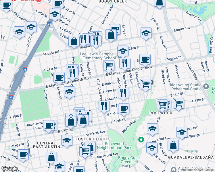 map of restaurants, bars, coffee shops, grocery stores, and more near 1708 Maple Avenue in Austin