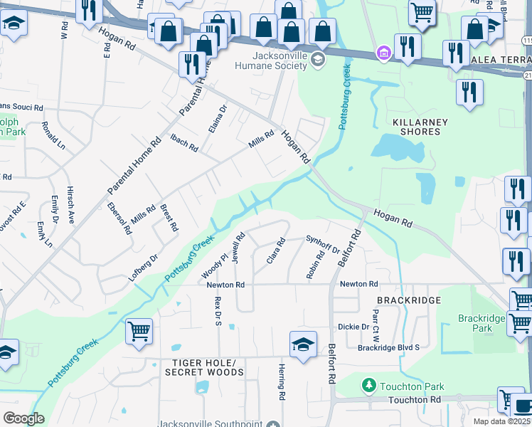 map of restaurants, bars, coffee shops, grocery stores, and more near 2614 Jewell Road in Jacksonville