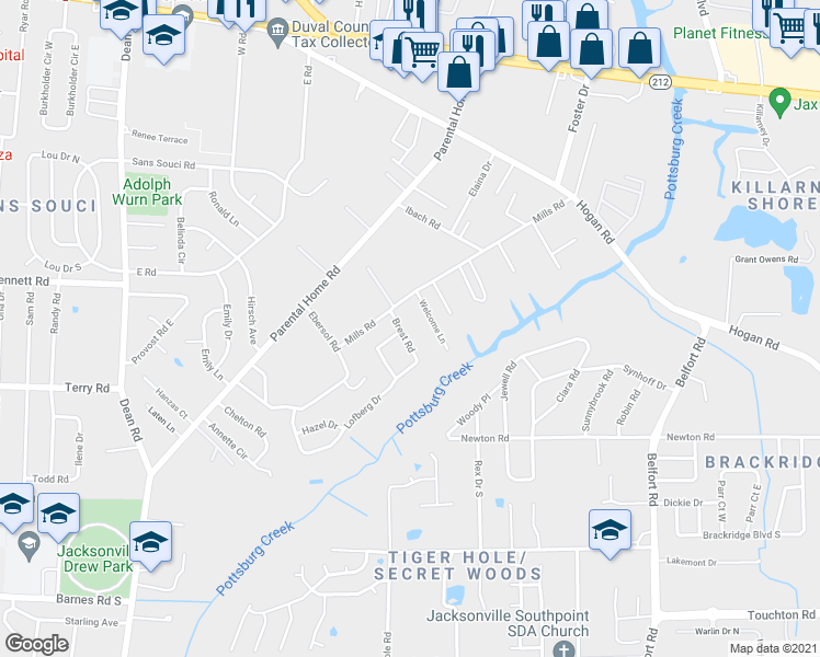 map of restaurants, bars, coffee shops, grocery stores, and more near 2357 Brest Road in Jacksonville