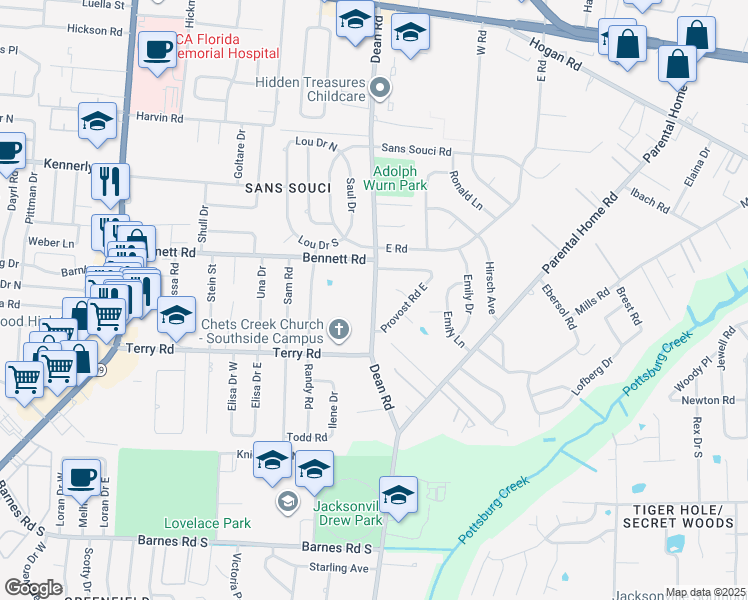 map of restaurants, bars, coffee shops, grocery stores, and more near 2512 Dean Road in Jacksonville