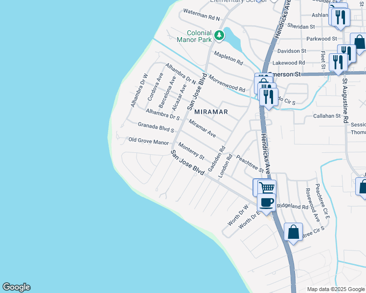 map of restaurants, bars, coffee shops, grocery stores, and more near 4153 San Jose Boulevard in Jacksonville